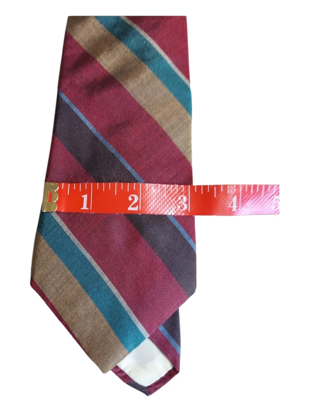 Vintage Yves Saint Laurent Silk Tie Burgundy Teal Gold Stripe Designer Necktie